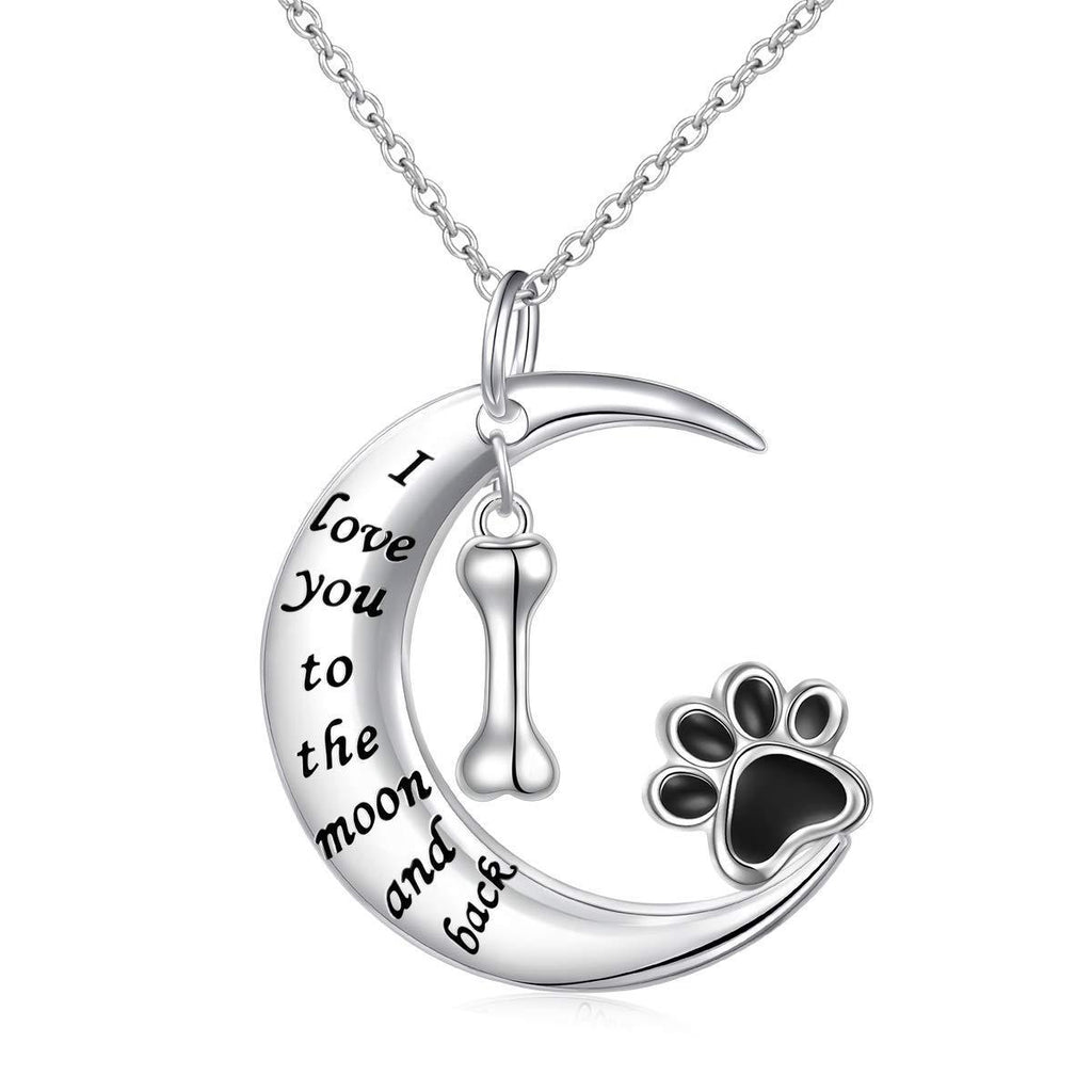 [Australia] - I Love You to the Moon and Back Pendant 925 Sterling Silver Dog Paw Print Bones and Moon Necklace Memorial Jewelry Cute Puppy Dog Gifts for Women Girls, with 18" Rolo Chain 