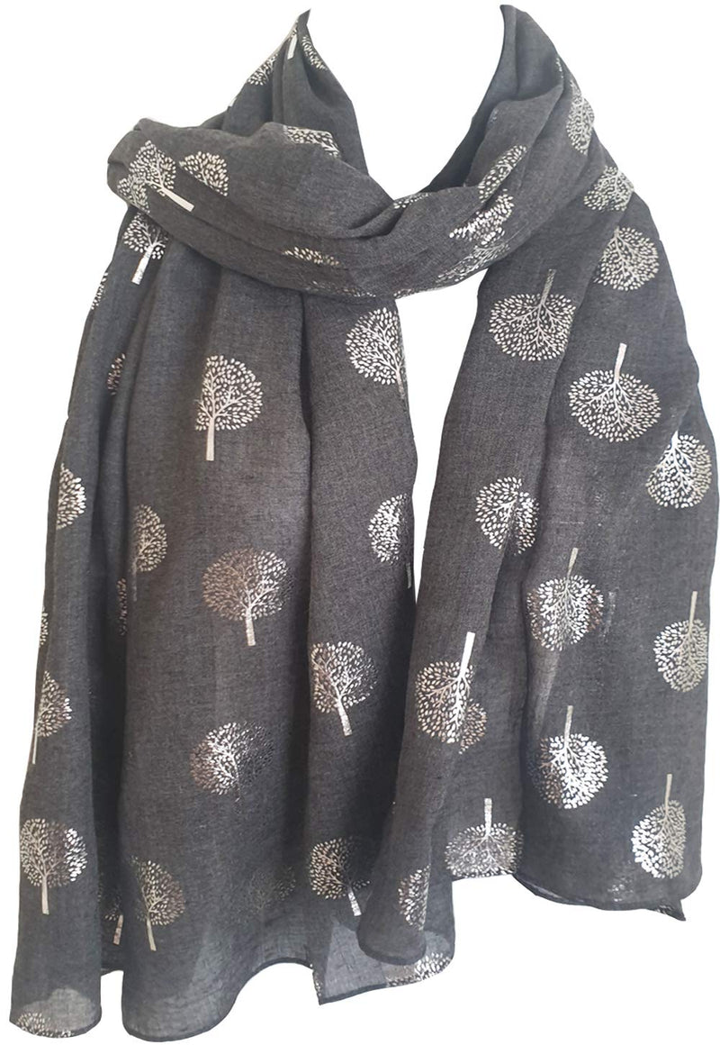 [Australia] - GlamLondon Glitter Mulberry Trees Scarf Womens Foil Printed Tree Fashion Ladies Wrap Grey Dark 