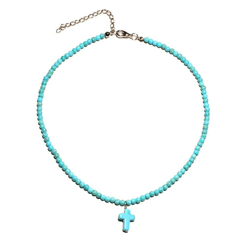 [Australia] - VALICLUD Turquoise Cross Necklace Christian Cross Pendant Clavicle Beads Choker for Women 