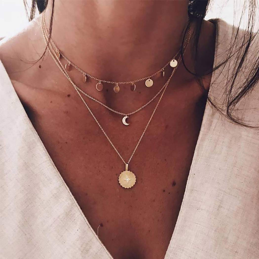 [Australia] - Zoestar Boho Layered Moon Necklace Gold Coin Pendant Necklaces Sequins Chain Jewelry for Women and Girls 