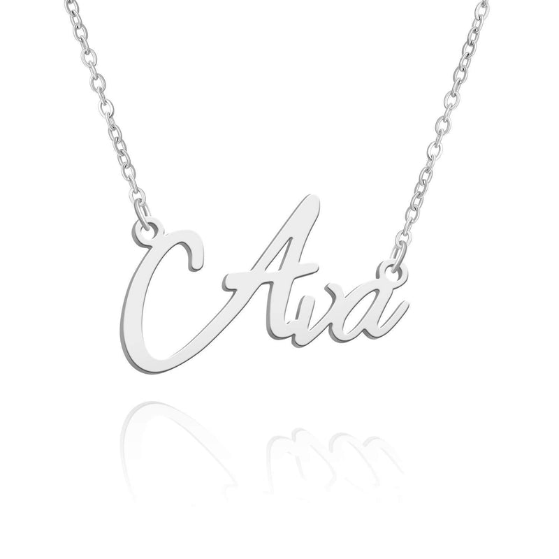 [Australia] - BUREI Name Necklace Personalized 14K Gold Plated Name Necklace Nameplate Bridesmaid Pendant Jewelry Gift for Women Girls Between 14"-16"-18" Ava-silver 