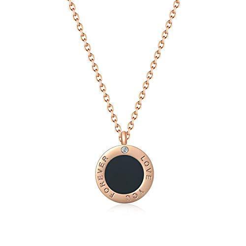 [Australia] - CCLOVE Rose Gold Letter Pendant Necklace for Women, Black Onyx Pendant Necklace, 40-45cm Adjustable, 0.005 ct Diamond, Titanium Steel Necklace 
