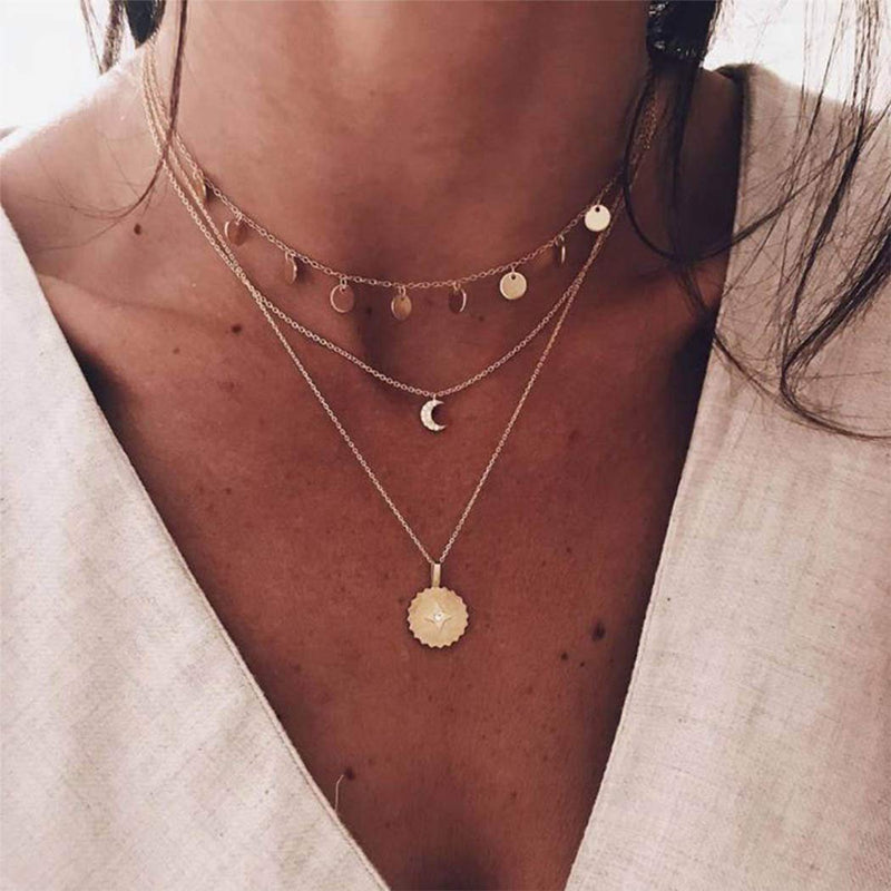 [Australia] - Handcess Boho Layered Necklace Gold Sun and Moon Pendant Necklaces Sequins Tassel Choker Jewelry with Crystal for Women and Girls 
