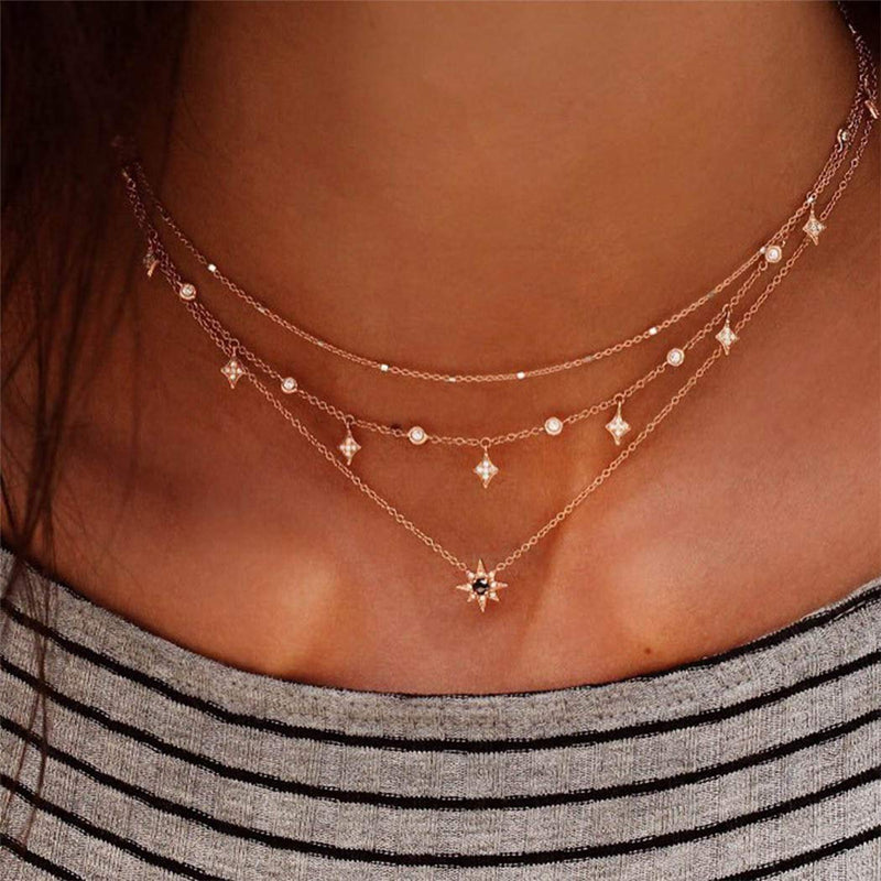 [Australia] - Handcess Boho Layered Necklaces Gold Sun Pendant Necklace Star Tassel Choker Jewelry with Crystal for Women and Girls 