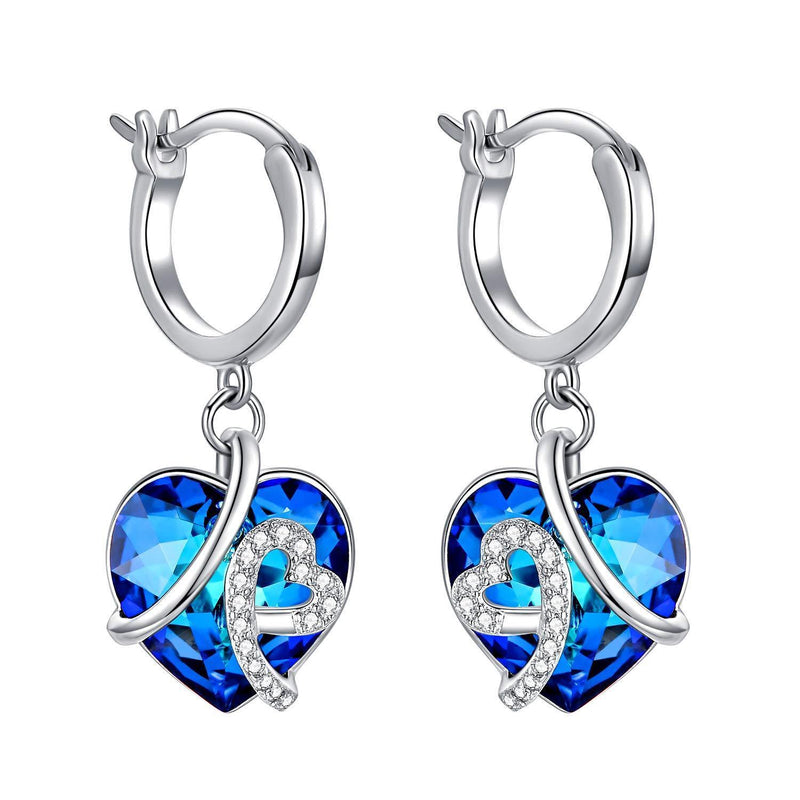 [Australia] - AOBOCO Hoop Dangle Earrings for Women, 925 Sterling Silver Jewellery with Heart Love Crystals, Christmas or Birthday Gifts for Wife Girlfriend Blue 