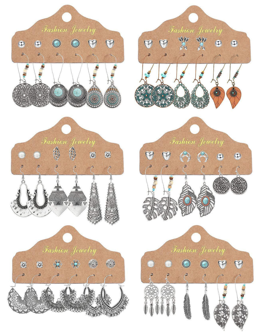 [Australia] - CASSIECA 24-36 Pairs Fashion Drop Dangle Earrings Set for Women Girls Vintage Silver Bronze Earrings with Pearl Hollow Leaf Turquoise Inlay Bohemian Statement Jewelry for Birthday/Party Gifts Style A : 36 Pairs 