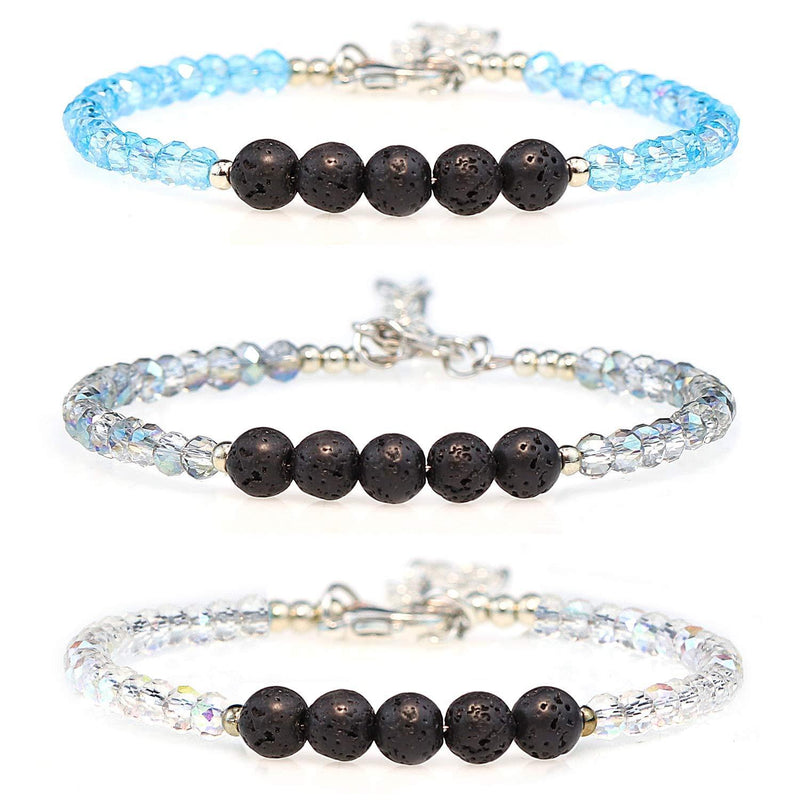 [Australia] - Gleamart 3 Pcs Volcanic Rock Stone Bead Bracelets Handmade Colorful Beads Bracelet Set for Women Green Blue Transparent 