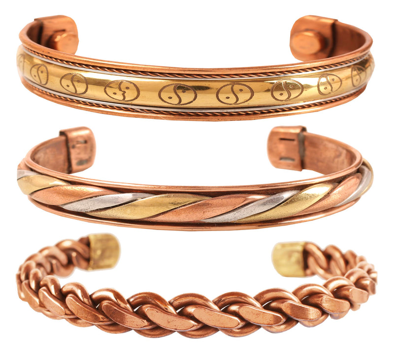 [Australia] - Touchstone Indian Hand Crafted Magnet Copper Bracelet Chakra Jewelry Cuff Gift Women Men. Set of 3 Copper & Brass 4 