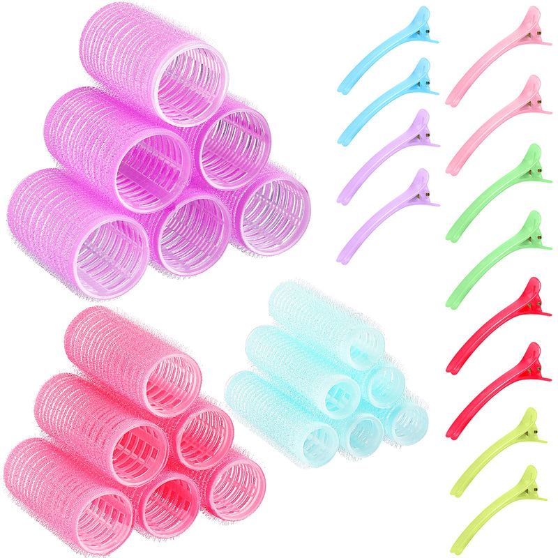 [Australia] - Hair Rollers with Clips Set, Includes 18 Pieces Self Grip Holding Hair Rollers Curlers 25 mm, 30 mm, 44 mm and 12 Pieces Duckbill Sectioning Clips for Salon Barber Hairdressing Hair Styling 