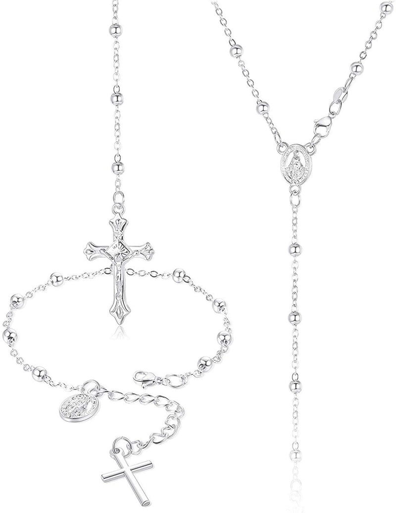 [Australia] - CASSIECA 925 Sterling Silver Rosary Bead Necklace Bracelet Jewelry Set for Women Teen Girls Virgin Mary Medal Cross Crucifix Pendant Charm Link Chain Bracelet Y Necklace for Women Men 20 Inch 