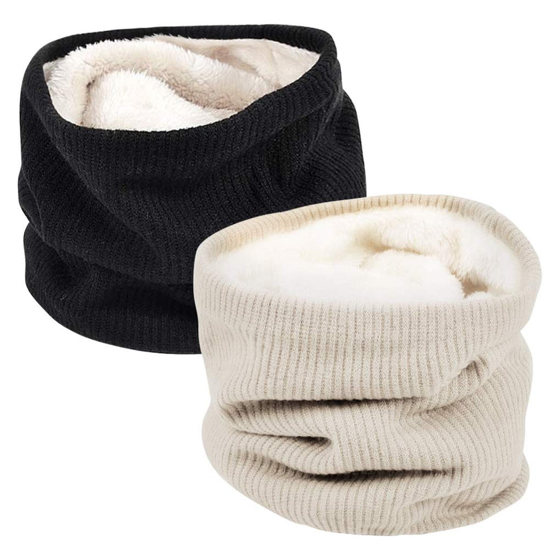[Australia] - Chalier Unisex Winter Neck Warmer Thermal Lined Infinity Knitted Snood Scarf for Mens Womens (2 Pack) Black + beige 