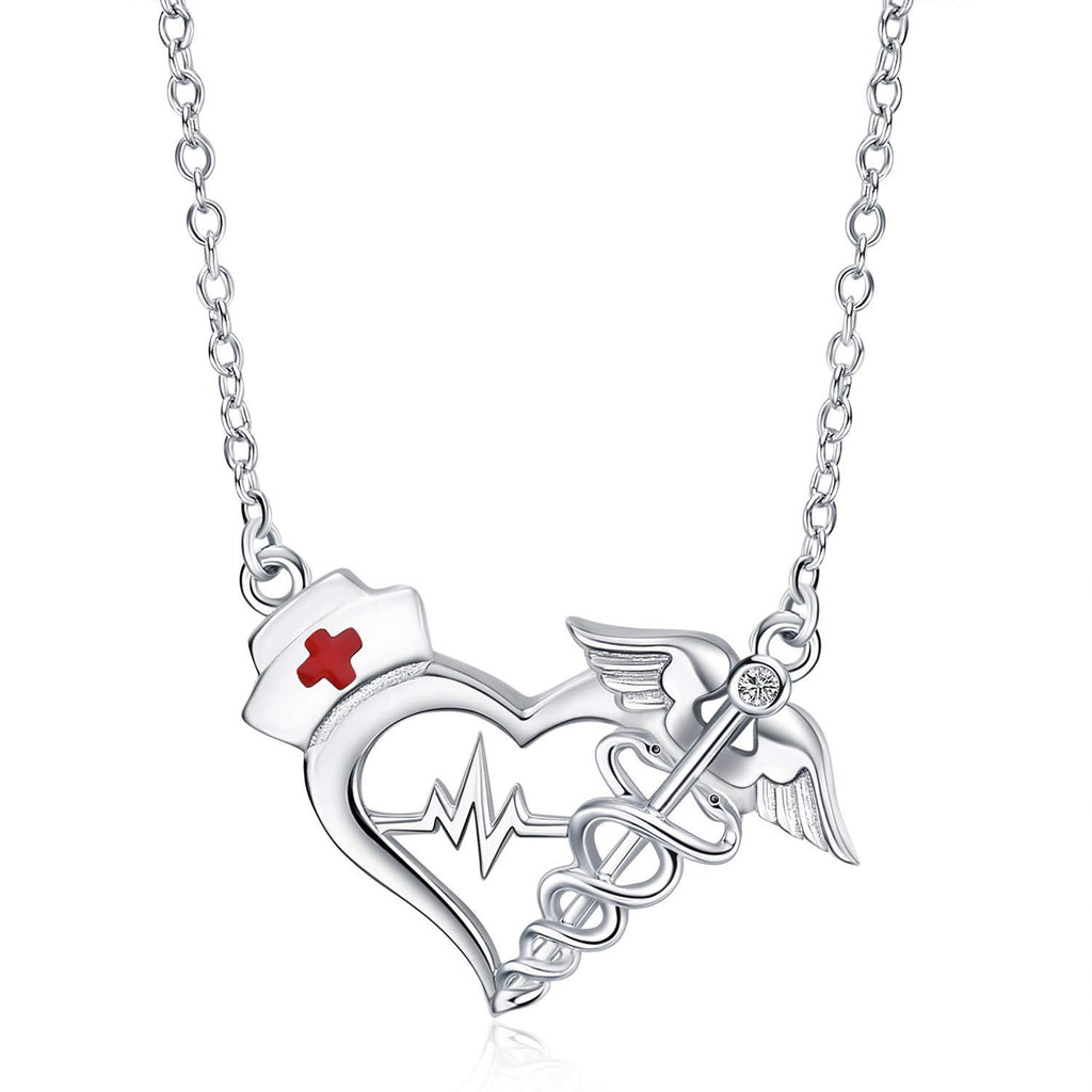 [Australia] - YFN 925 Sterling Silver Nurse Necklace Gifts Caduceus Nursing Themed Pendant Necklace 18" 
