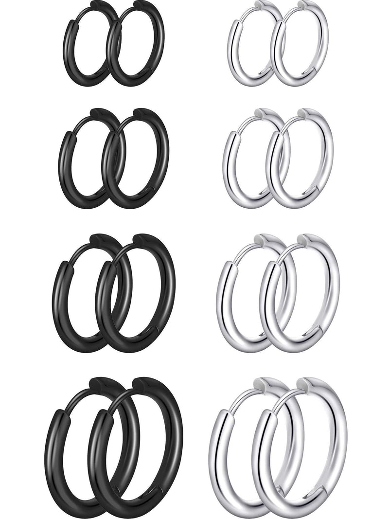 [Australia] - 8 Pairs Cartilage Hoop Earrings Stainless Steel Small Hoop Earrings Nose Lip Rings for Women 8 mm, 10 mm, 12 mm, 14 mm Steel Color, Black 