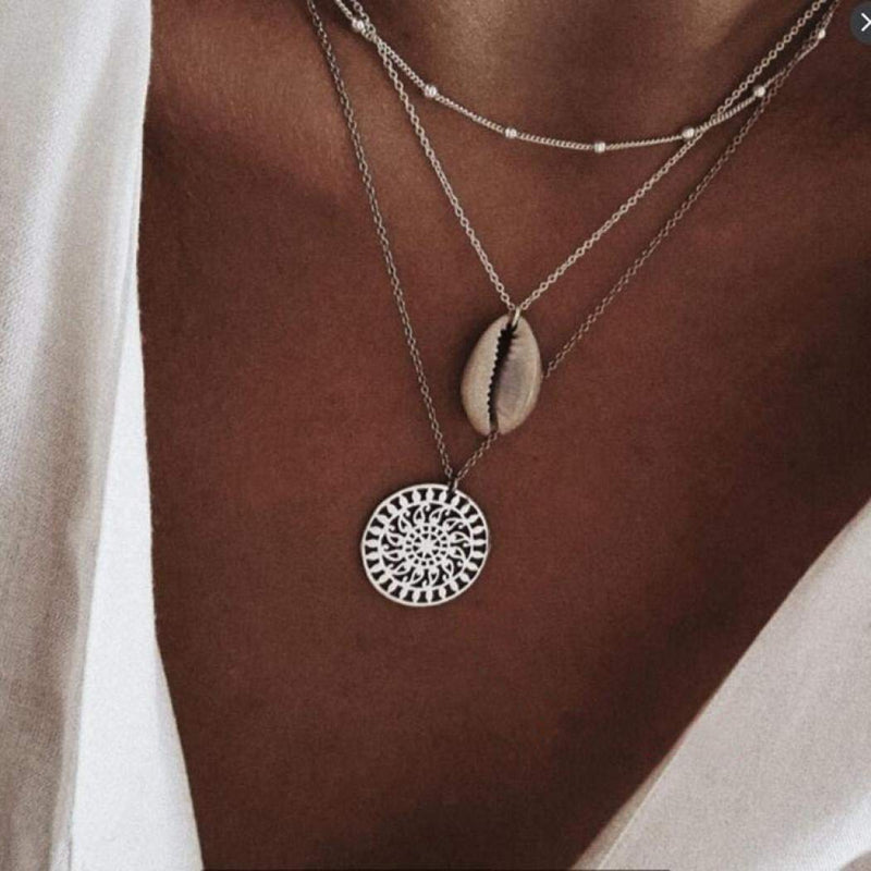 [Australia] - TseenYi Bohemian Necklace Shell and Sun Copper Sequins Pendant Multi-layer Choker Silver Chain Jewelry for Women and Girls 