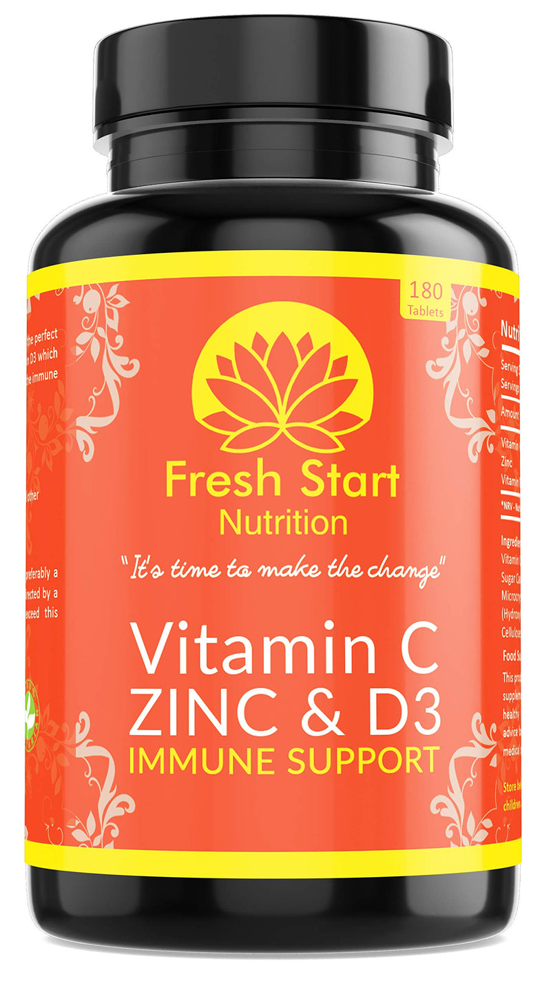 [Australia] - Vitamin C Zinc and Vitamin D Tablets - 180 Vegetarian Tablets for Men and Women - for Maintenance of Normal Immune System - 6 Month Supply - Made in The UK by Fresh Start Nutrition 