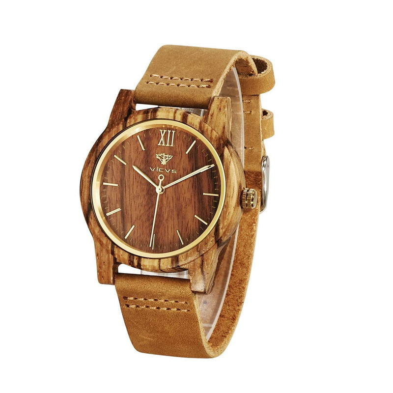 [Australia] - Wooden Watches for Men and Women, Natural Walnut/Olive Wood VICVS Japanese Quartz Chronograph, Adjustable Strap, Military Sports and Leisure Zebra-1 