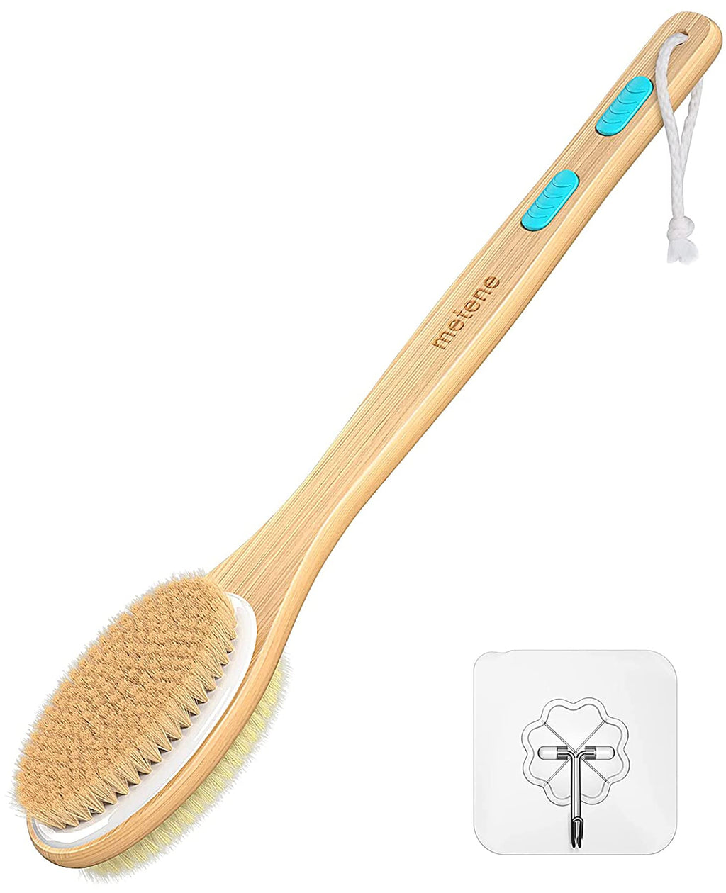 [Australia] - Metene Back Scrubber for Shower, Shower Brush for Exfoliating Skin and A Soft Scrub, Double-sided Body Brush Head for Wet or Dry Brushing, Long Wooden Handle Cleans the Body Easily 