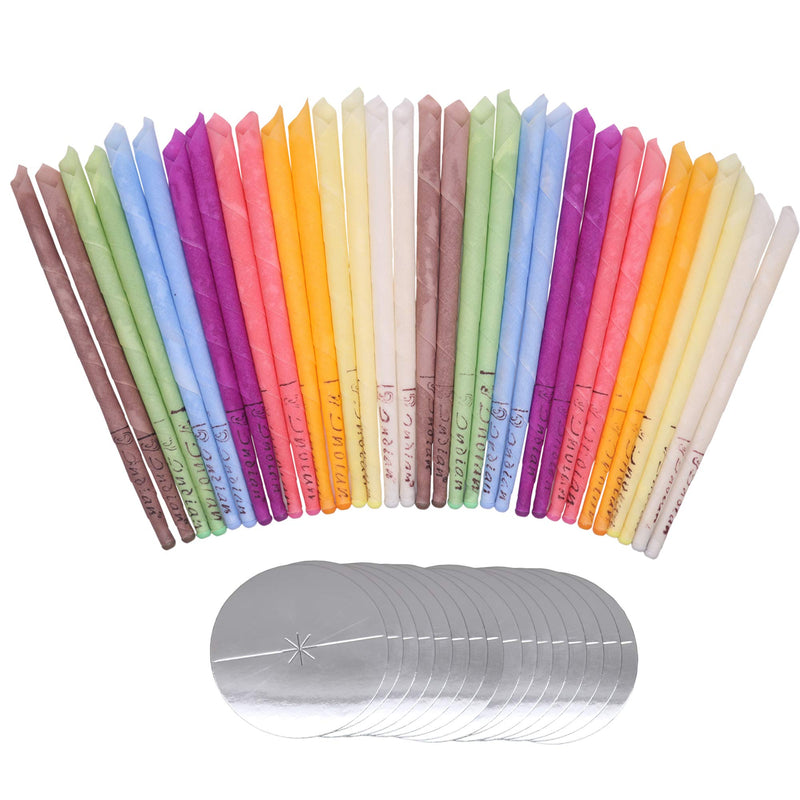[Australia] - 32PCS Ear Wax Candle, Ear Cones Candles, Ear Wax Removal, Organic Non-Toxic Cylinders Fragrance Hollow Cone Candles with 16 Protective Disks(8 Colours) 