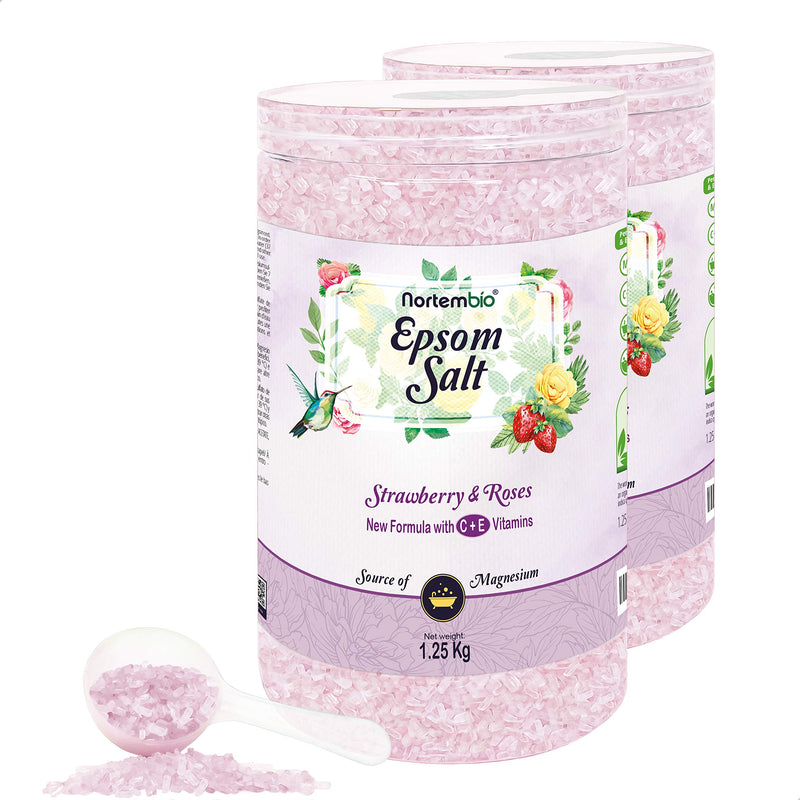 [Australia] - Nortembio Epsom Salt 2x1.25 Kg. New Strawberry and Rose Fragrance. Epsom Salts Hydrated with Vitamin C and E. Bath Salts and Personal Care. EBook Included. 