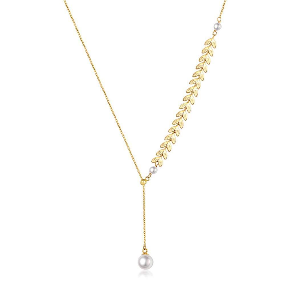 [Australia] - ZZLOVE Single Pearl Pendant Necklace for Women, Half Wheat Ear Leaf Chain, Clavicle Chain with Fashion and Elegant Style, Gold Plated Material, Jewellery for Women 