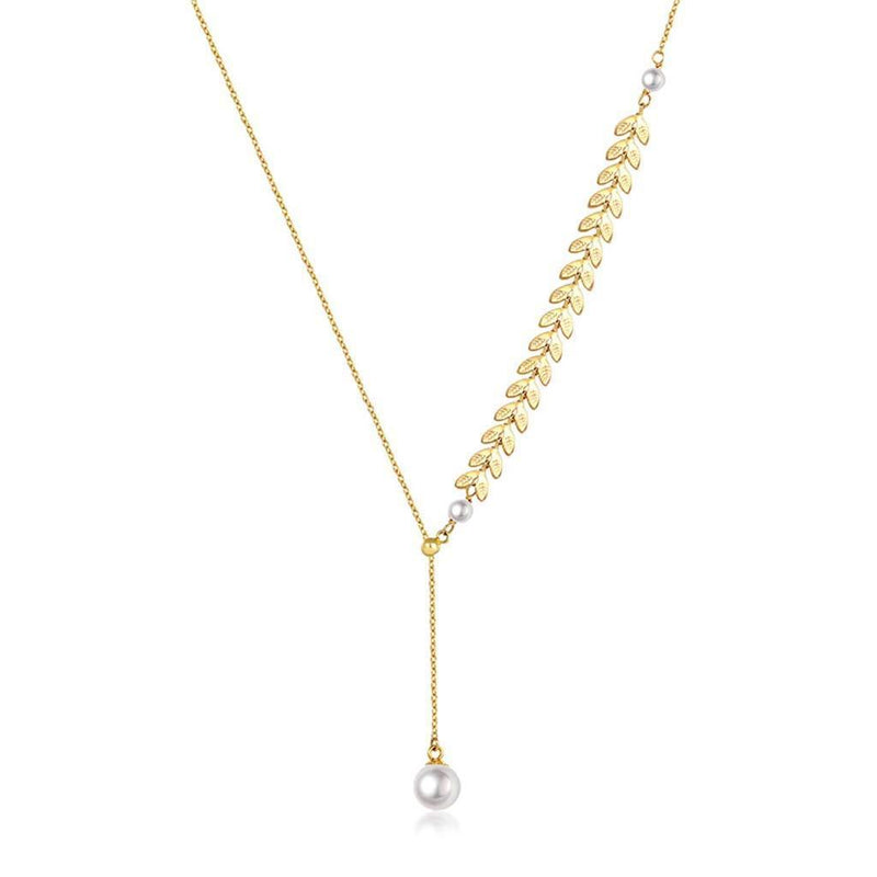 [Australia] - ZZLOVE Single Pearl Pendant Necklace for Women, Half Wheat Ear Leaf Chain, Clavicle Chain with Fashion and Elegant Style, Gold Plated Material, Jewellery for Women 