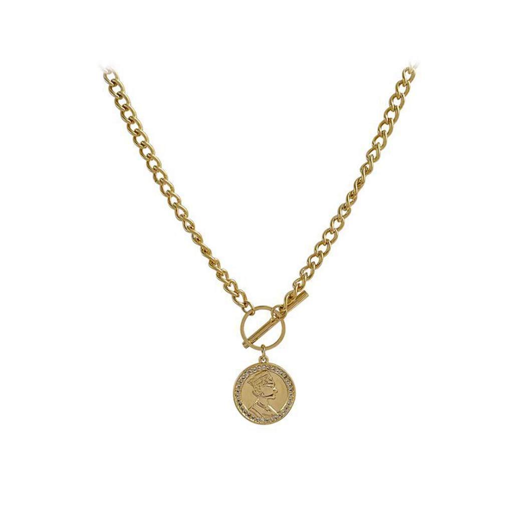 [Australia] - Coin Circle Pendant Necklace, Gold Plated Chain, Queen Elizabeth Shaped, Dainty Necklace, Clavicle Chain with Old Fashion Style 