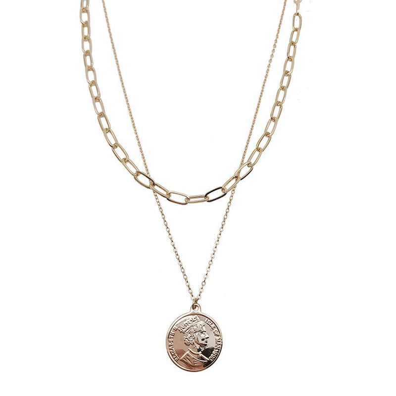 [Australia] - Coin Necklace for Women, Gold Plated Layered Chain Necklace, Queen Elizabeth Round Necklace, Double Row with Chunky Charm and Coin Pendant, Geometric Design 