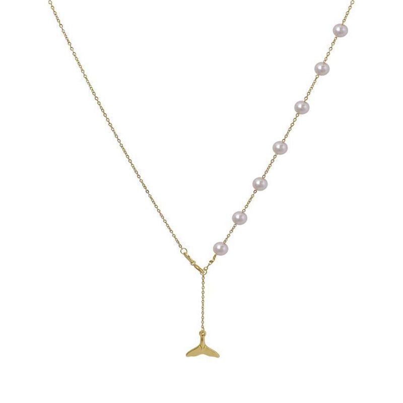 [Australia] - Gold Plated Pearl Necklace with Fishtail Pendant, Simple Choker Necklace, Suitable for Birthday Gifts, Valentine Gifts and Anniversary Presents 