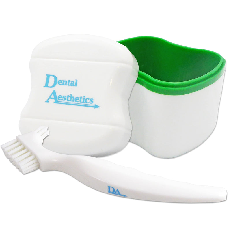 [Australia] - Denture Bath & Brush ~ Storage Container for Soaking Dentures, Brush with Double Bristle Head (Green Bath) Green Bath 
