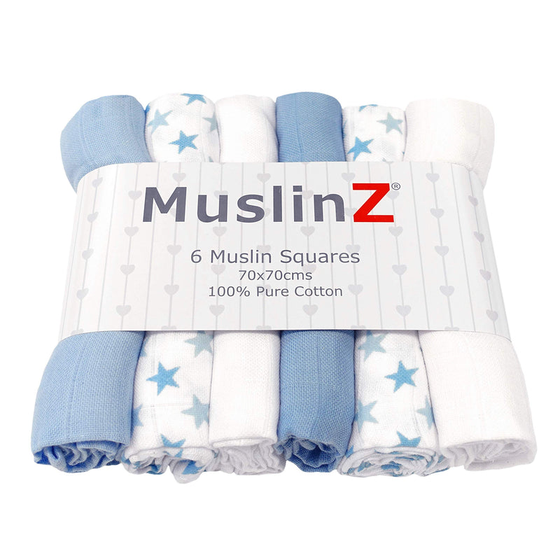 [Australia] - MuslinZ 6pk Baby Muslin Square Burp Cloth Star Mix 100% Cotton 70x70cm (Blue) Blue 
