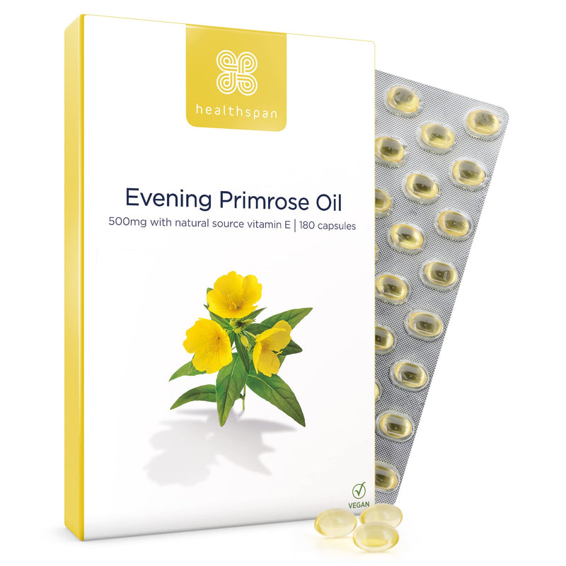 [Australia] - Healthspan Evening Primrose Oil 500mg (180 Capsules) | Omega 6 Fatty Acids | Women's Health | Added Vitamin E | Gamma Linolenic Acid & Linoleic Acid | Protects Cells from Oxidative Stress | Vegan 