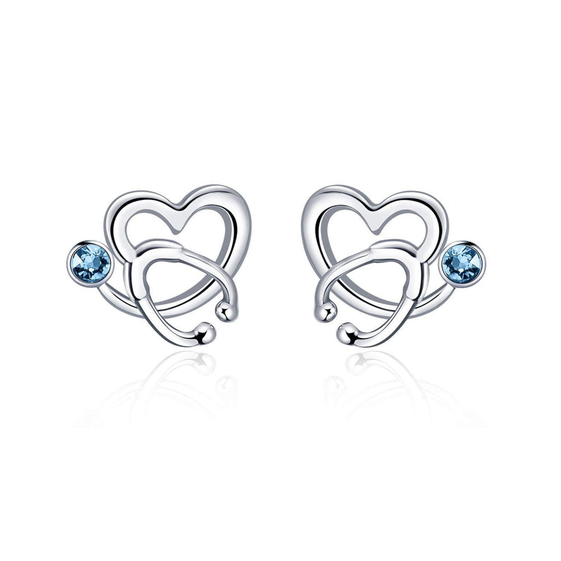 [Australia] - AOBOCO Sterling Silver Stethoscope Earrings Studs Heart Ear Stud Nurse Jewelry with Crystal,Gift for Doctor Nurse Medical Student aqua blue 