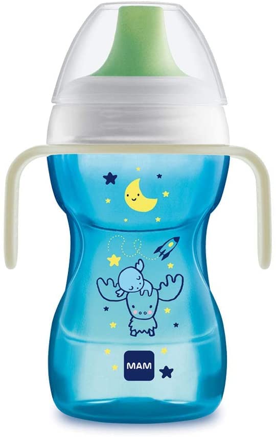 [Australia] - MAM Fun to Drink Cup & Glow Handles, Baby Bottle with Handles, Spill-Free Sippy Cup, Transition Drink Bottle for Babies and Toddlers, Blue 