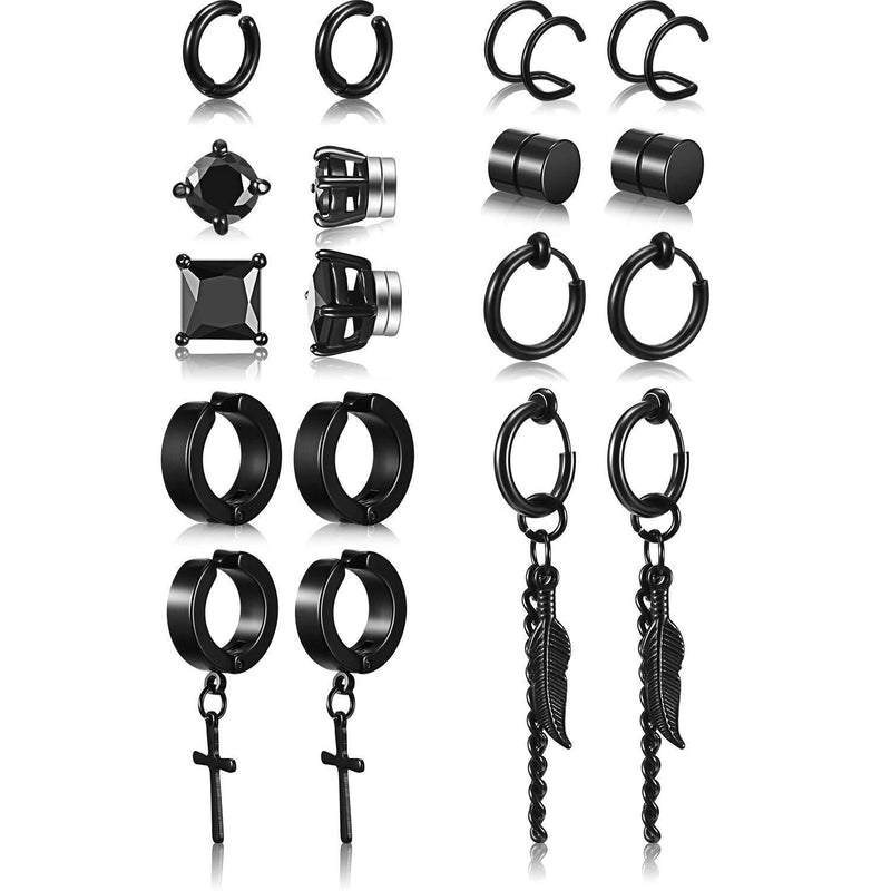 [Australia] - 9 Pairs Magnetic Stud Earrings Stainless Steel Feather Dangle Hinged Earring CZ Magnet Earring Non-Piercing Cross Dangle Hoop Earring Set, Black 
