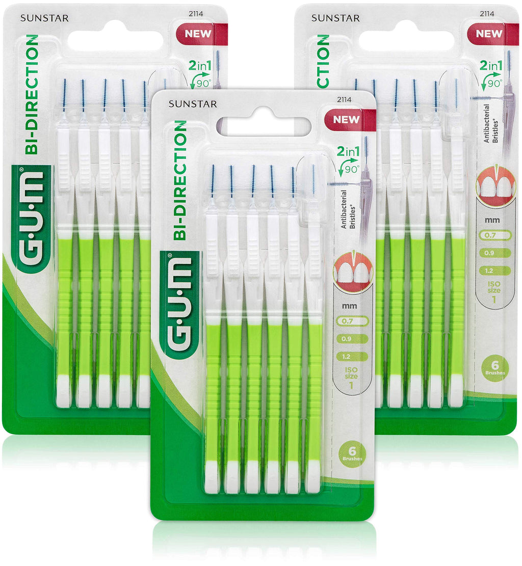 [Australia] - GUM BI-Direction interdental Brushes / Longer Handle for Easy and Thorough Cleaning of The interdental Spaces / 3 x 6 Pieces (0.7 mm) 0.7mm 