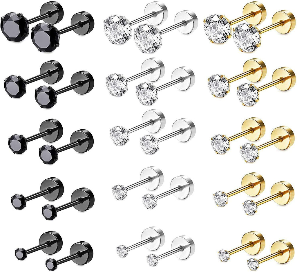 [Australia] - Milacolato 15 Pairs Stainless Steel CZ Stud Earrings Screw Flat Back Barbell Cartilage Piercing Earrings for Women Men 