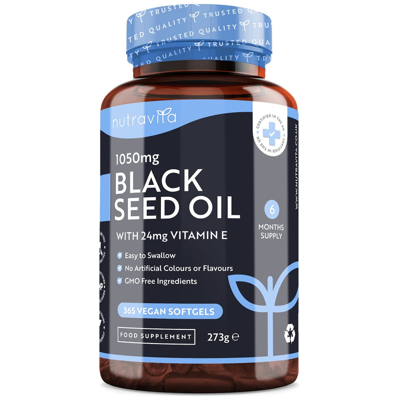 [Australia] - High Strength Black Seed Oil Capsule Enhanced with Vitamin E - 365 Vegan Capsules - Cold Pressed Nigella Sativa Producing Pure Black Cumin Seed Oil - 6 Month Supply - Made in The UK by Nutravita 