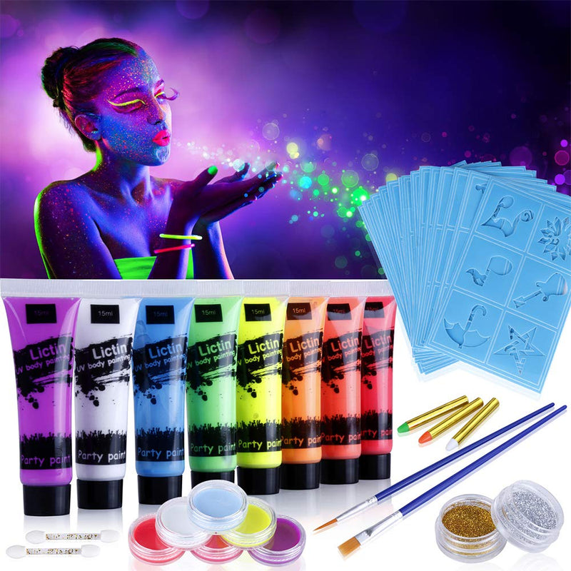 [Australia] - Lictin Neon Face Paint Body Fluorescent - Neon Face and Body Paint Set 8pcs UV Body Paint with 6pcs Face Paint, 2pcs Glitter, 3pcs Crayon, 4pcs Brushes, 20pcs Sticker, for Halloween and Carnival Multi-colored 