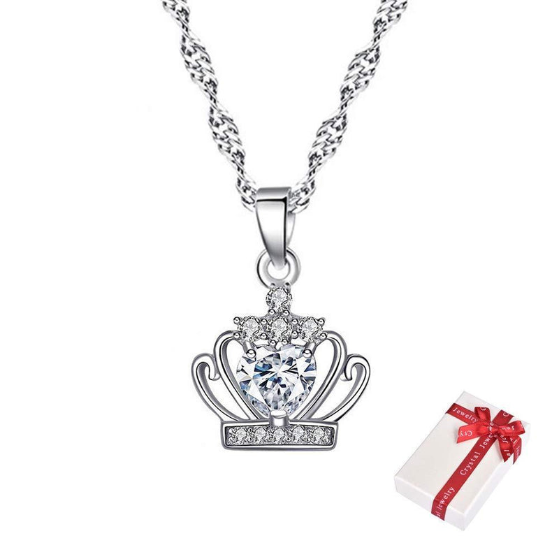 [Australia] - Ceqiny Crown Pendant Heart Necklace Clavicle Chain Necklace Silver Chain Necklace Vintage Choker Crystal Necklace Alloy Necklace Rhinestones Sister Partner Birthday Gifts for Women Girls, Silver 