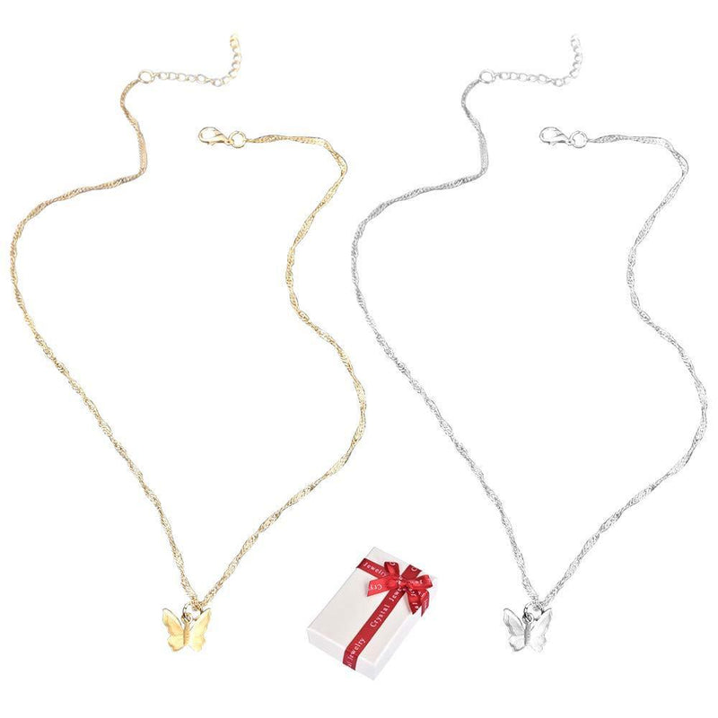 [Australia] - Ceqiny 2pcs Butterfly Necklace Clavicle Chain Necklace Silver Chain Necklace Vintage Choker Necklace Alloy Necklace Friendship Sister Partner Birthday Gifts for Women Girls, Gold and Silver 