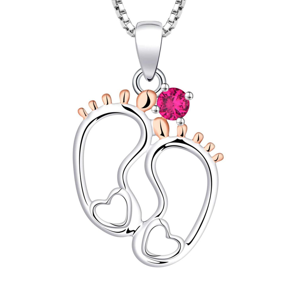 [Australia] - YL Baby Feet Pendant Necklace 925 Sterling Silver with July Birthstone Ruby Necklace for Mum Mom Women 