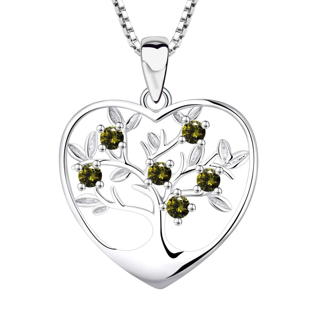 [Australia] - YL Tree of Life Necklace 925 Sterling Silver cut 12 Birthstone Cubic Zirconia Family Tree Pendant Necklace for Women August,peridot Green 