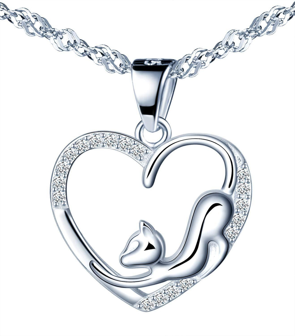 [Australia] - Women's 925 Sterling Silver Necklace, Heart necklace pendant and Cute cat, Inlaid shiny zircon, gift for Birthday, Valentine's Day and Christmas 