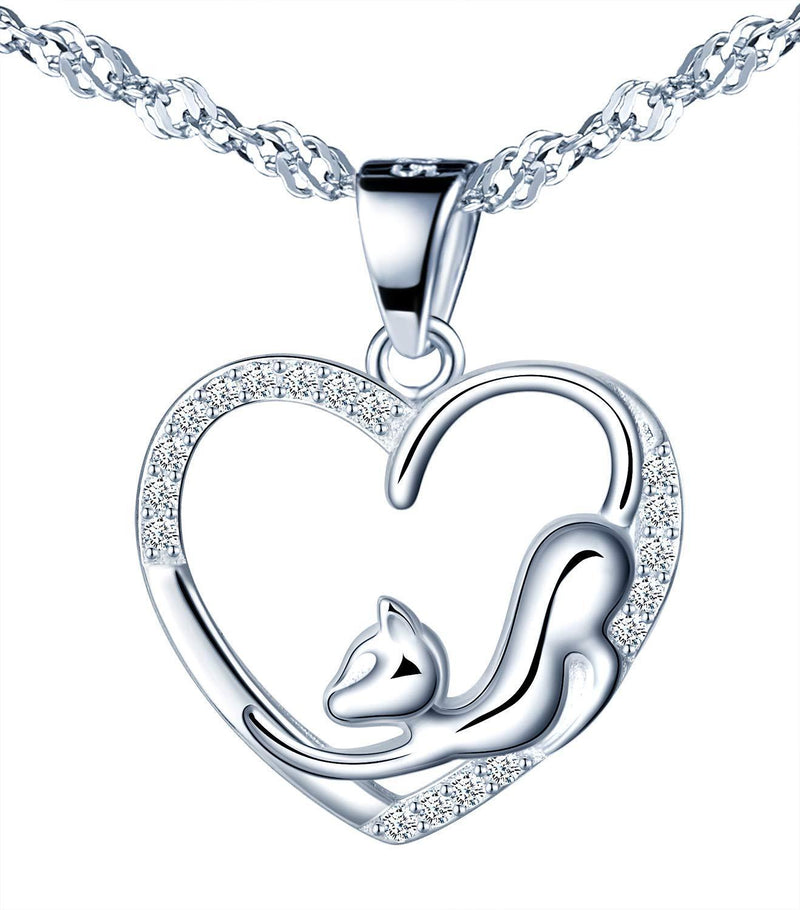 [Australia] - Women's 925 Sterling Silver Necklace, Heart necklace pendant and Cute cat, Inlaid shiny zircon, gift for Birthday, Valentine's Day and Christmas 