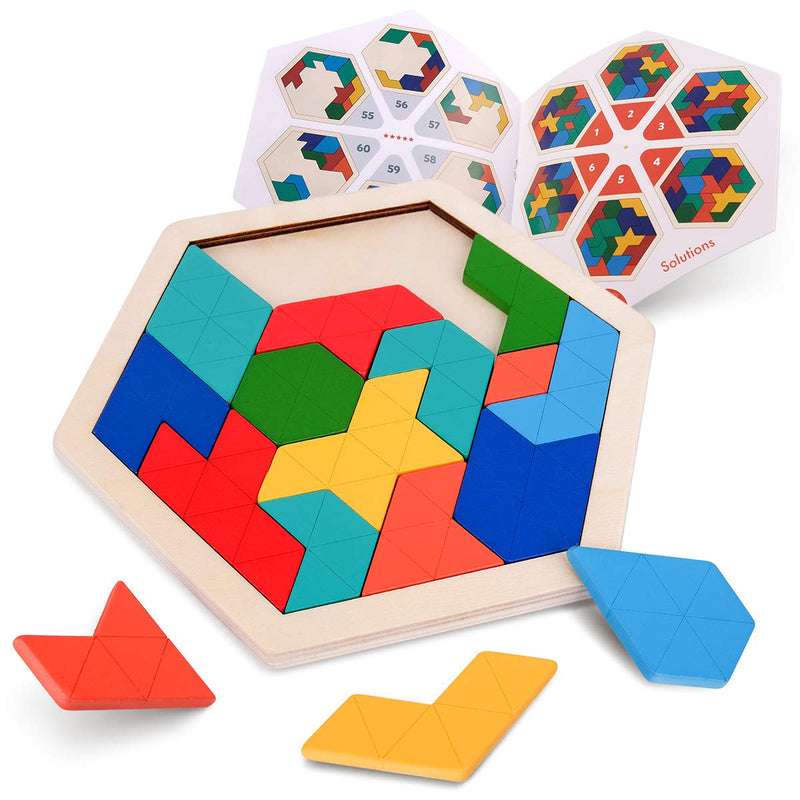 [Australia] - Coogam Wooden Kids Puzzle - Hexagon Shape Pattern Tetris Block Tangram Logic IQ Game STEM Montessori Brain Teaser Toy Gift for Teenagers 