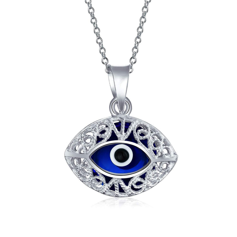 [Australia] - Bling Jewelry Turkish Protection Vintage Style Light Blue and Navy Filigree Oval Evil Eye Charm Pendant Necklace for Women Teen Murano Glass 925 Sterling Silver Made in Turkey 