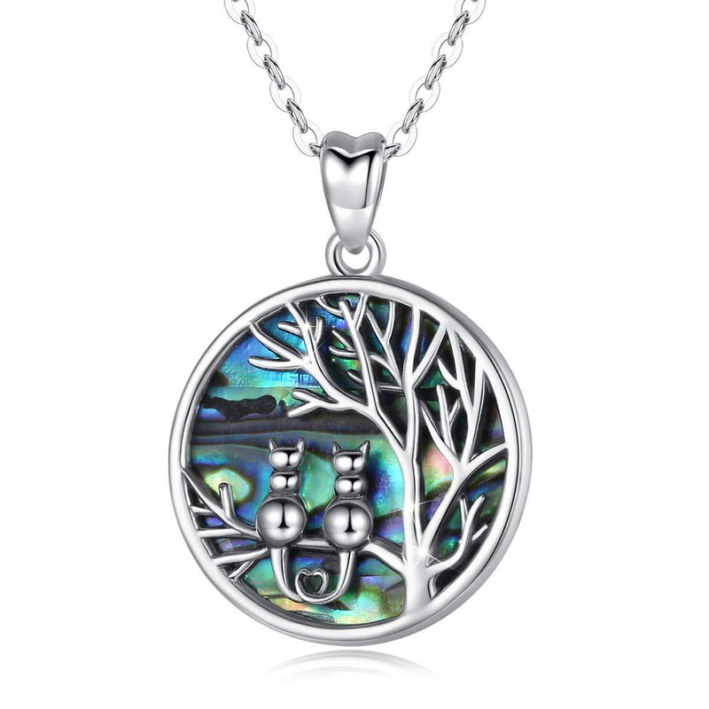[Australia] - Cat Gifts For Cat Lovers, Aeonslove Sterling Silver Tree Of Life Cat Necklace Friendship Couple Pendant With Chain Cute Jewellery Gifts For Women Ladies Girls Cat With Abalone Shell 