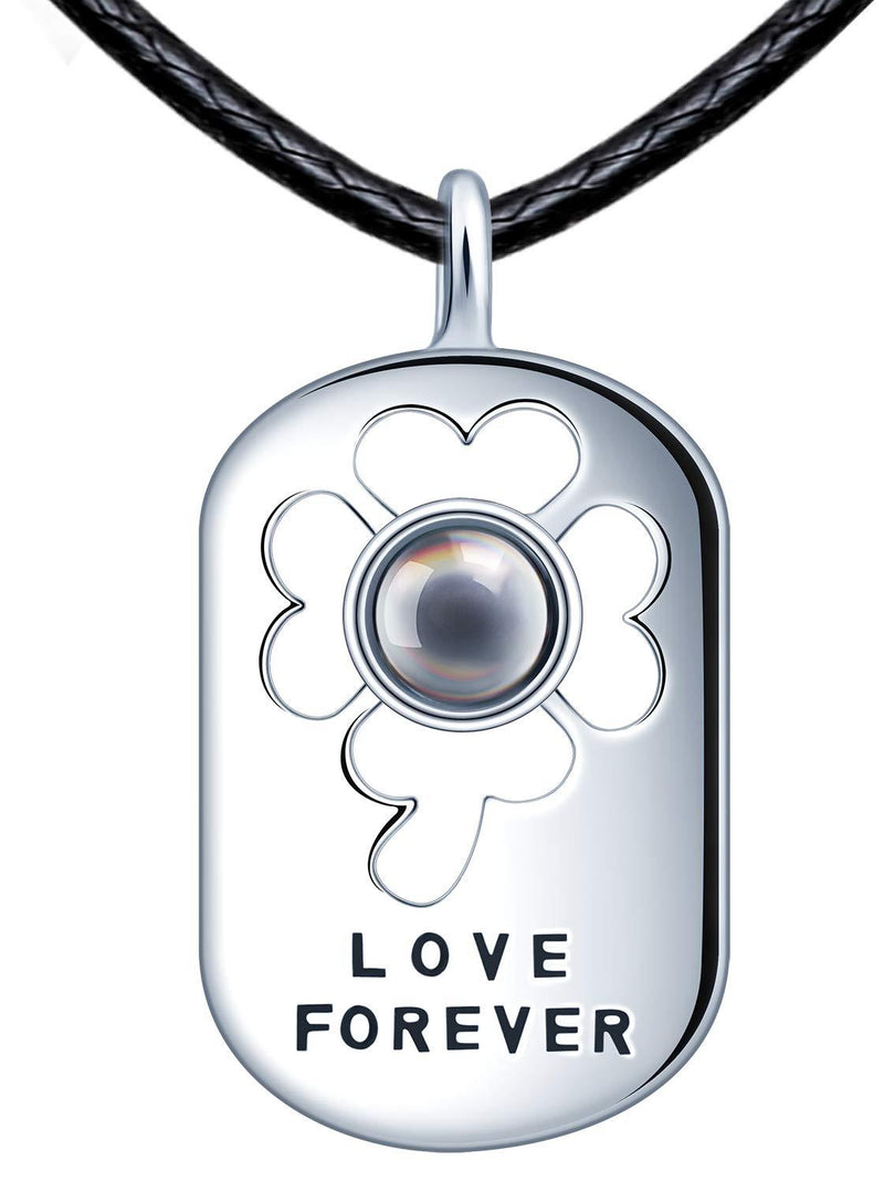 [Australia] - CPSLOVE Hollow four-leaf clover Couple Necklace, couple's 999 sterling silver Pendant, women's necklace, men's necklace, Black Nano Stone with 100 languages"I love you" projection, love necklace Silver-male 