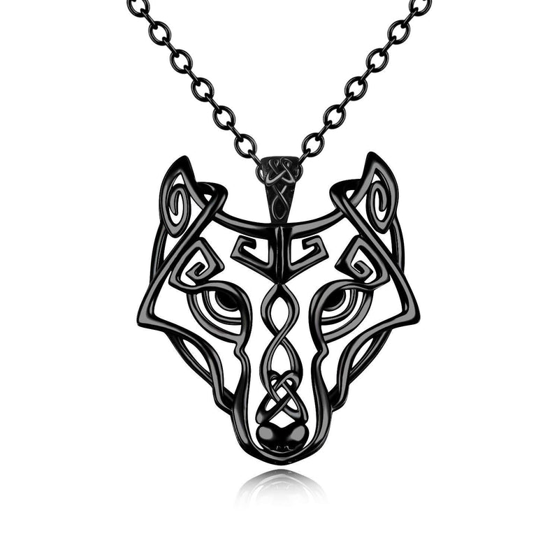 [Australia] - YFN Silver/Black Wolf Necklace Sterling Silver Celtic Knot Wolf Head Pendant Necklace Viking Jewellery Gifts for Men Women Girls 20+2'' Black 