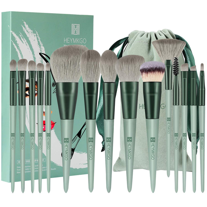 [Australia] - Makeup Brushes HEYMKGO 15pcs Makeup Brush Set Premium Synthetic Bristles Green Color Conical Handle Kabuki Foundation Brush Face Lip Eye Makeup Sets Professional with Portable Drawstring Flannel Bag 